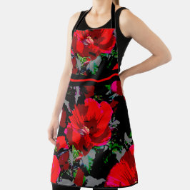 Poppy Red Retro Floral Design met strip Schort