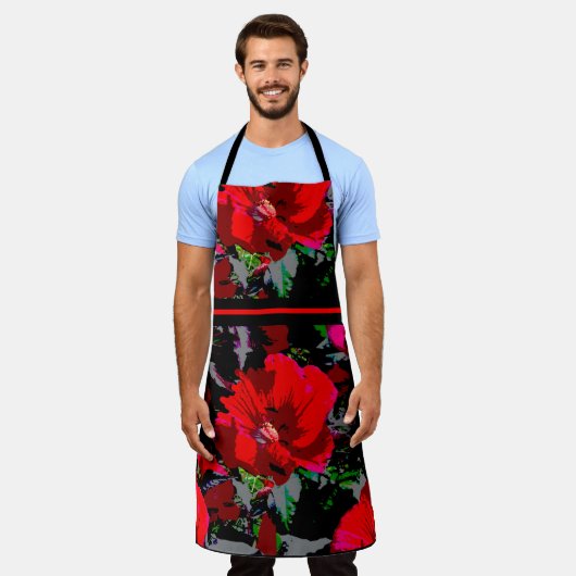 Poppy Red Retro Floral Design met strip Schort (Gedragen)