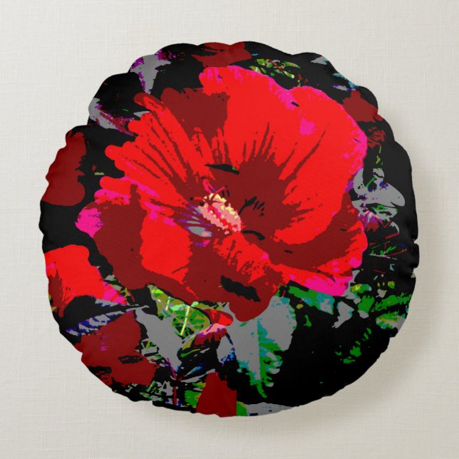 Poppy Red Retro Floral Design Rond Kussen (Voorkant)