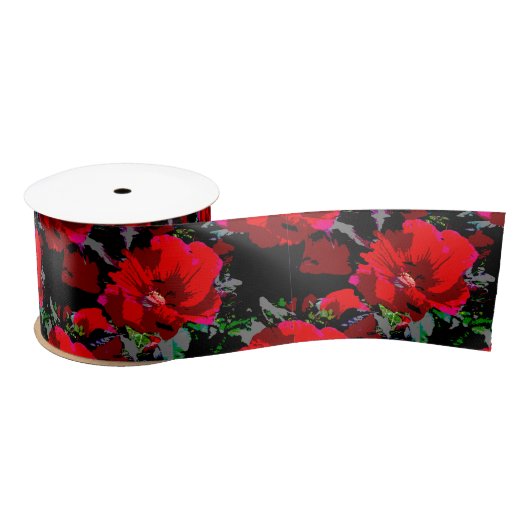 Poppy Red Retro Floral Design Satijnen Lint (Spoel)