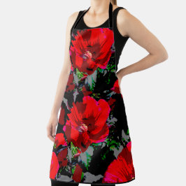Poppy Red Retro Floral Design Schort