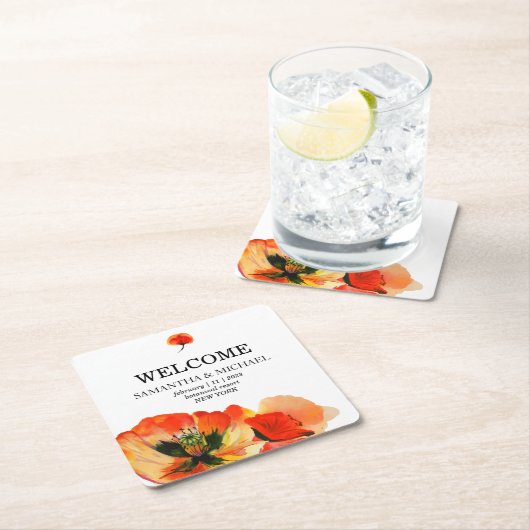 Poppy Rode Bloem Klassieke Bruiloft Welkom Kartonnen Onderzetters (Insitu)