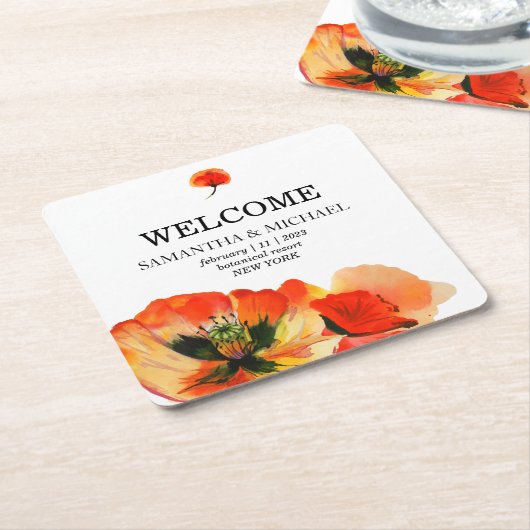 Poppy Rode Bloem Klassieke Bruiloft Welkom Kartonnen Onderzetters (Schuin)