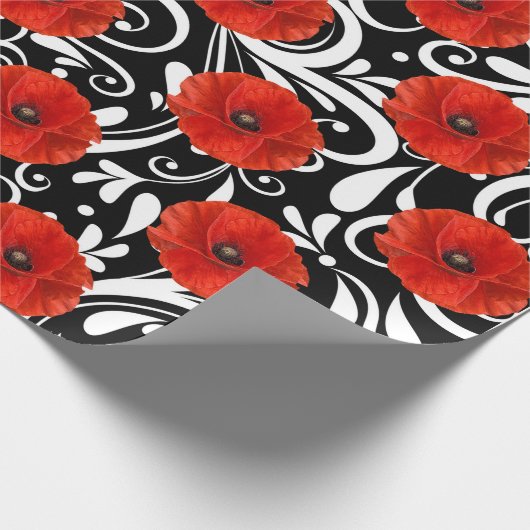Poppy rood bloem zwart wit glam cadeaupapier (Hoek)