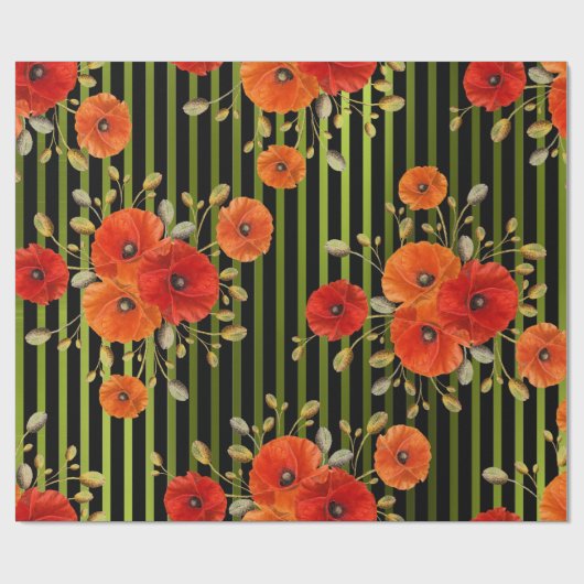 Poppy rood bloem zwart wit glam strepen groen cadeaupapier (Vlak)