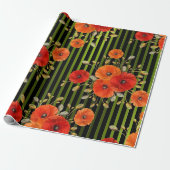 Poppy rood bloem zwart wit glam strepen groen cadeaupapier (Uitgerold)