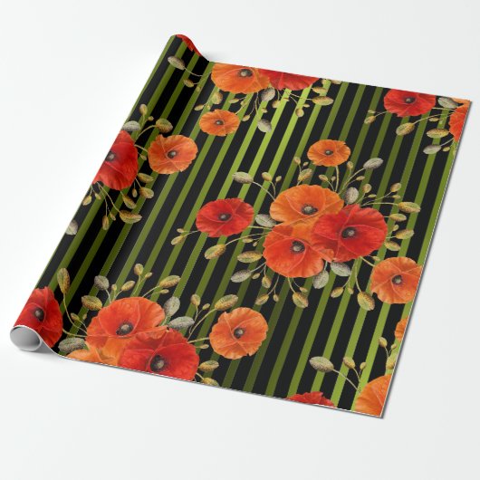 Poppy rood bloem zwart wit glam strepen groen cadeaupapier (Uitgerold)
