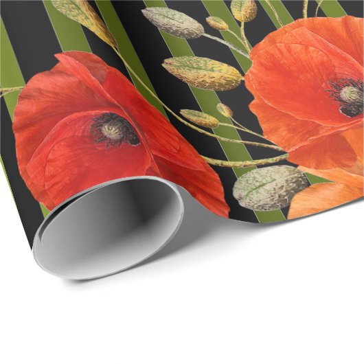 Poppy rood bloem zwart wit glam strepen groen cadeaupapier (Rol Hoek)