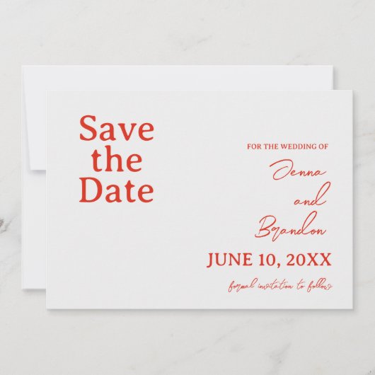 Poppy rood & off wit moderne bruiloft save the date (Voorkant)