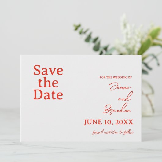 Poppy rood & off wit moderne bruiloft save the date (Staand voorkant)