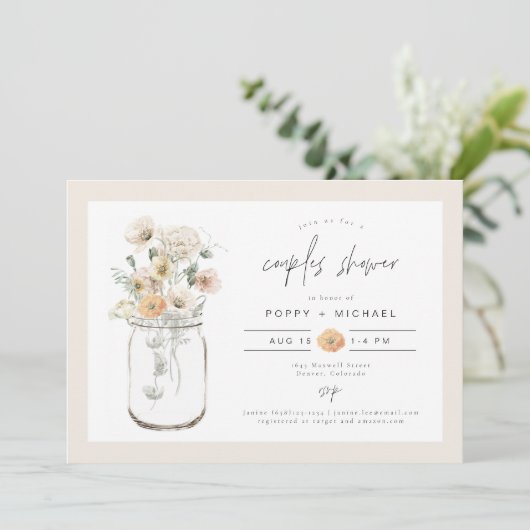 POPPY Rustic Wildflower Mason Jar Couples Shower Kaart (Staand voorkant)