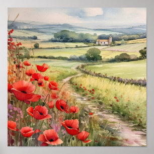 Poppy veld in een landelijk landschap poster
