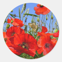  Poppy Veld met Vlinder Ronde Sticker