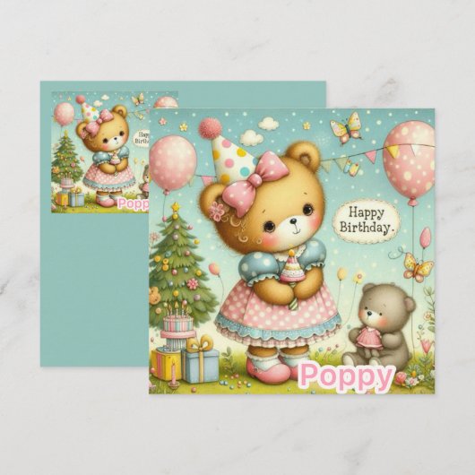 POPPY ~ Verjaardag Kaart ~ Teddybeer ~ Platte Kaar (Voorkant / Achterkant)