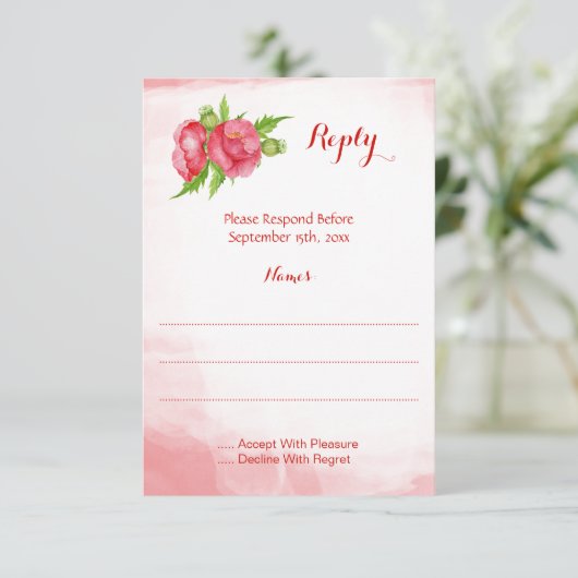 Poppy Waterverf Antwoorden Kaarten RSVP Kaartje (Staand voorkant)