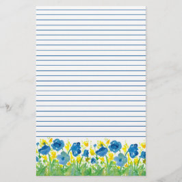 Poppy Waterverf Blauwe Bloemen gevoerd Briefpapier