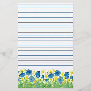 Poppy Waterverf Blauwe Bloemen gevoerd Briefpapier