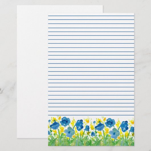 Poppy Waterverf Blauwe Bloemen gevoerd Briefpapier (Voorkant / Achterkant)
