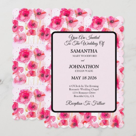 Poppy Waterverf Bloemen Bloemen Huwelijksuitnodigi Kaart (Voorkant / Achterkant)
