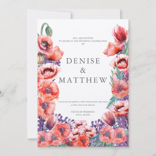 Poppy Wedding Invitation with Basil Back Kaart (Voorkant)