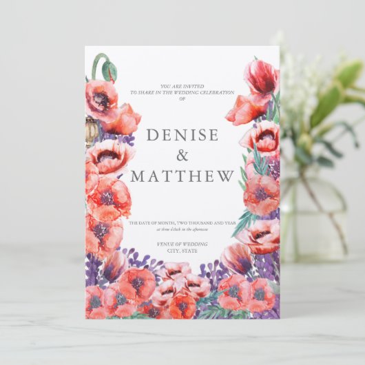 Poppy Wedding Invitation with Basil Back Kaart (Staand voorkant)