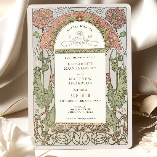Poppy Wedding Invitations Art Nouveau door Mucha Kaart