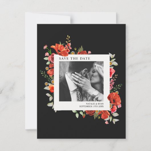 Poppy Wildbloemen Donkere bruiloft foto sparen de  Save The Date (Voorkant)