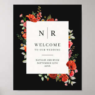 Poppy Wildbloemen Donkere monogram bruiloft Poster