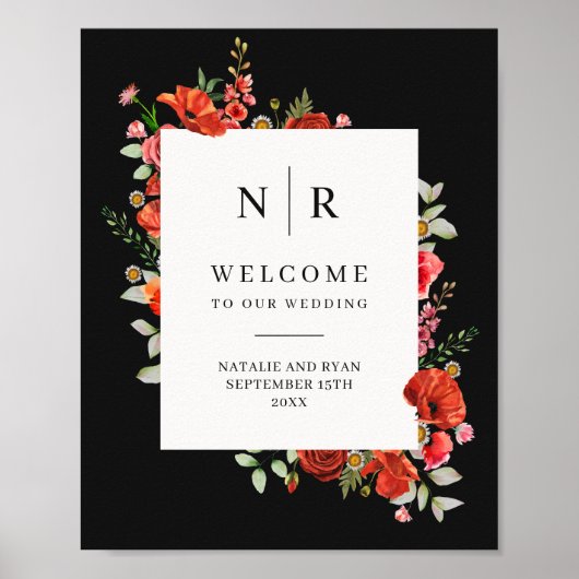 Poppy Wildbloemen Donkere monogram bruiloft Poster (Voorkant)