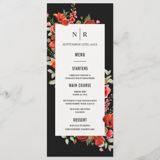 Poppy Wildbloemen Monogram Donkere bruiloft Menu (Voorkant)