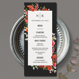 Poppy Wildbloemen Monogram Donkere bruiloft Menu