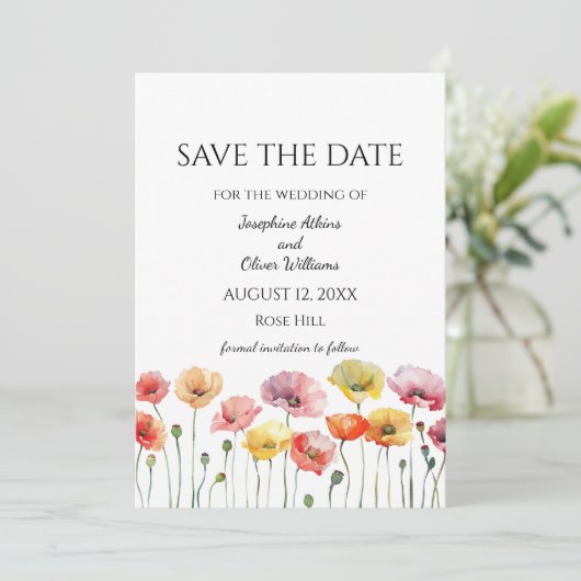 Poppy wilde bloemen bruiloft save the date (Staand voorkant)