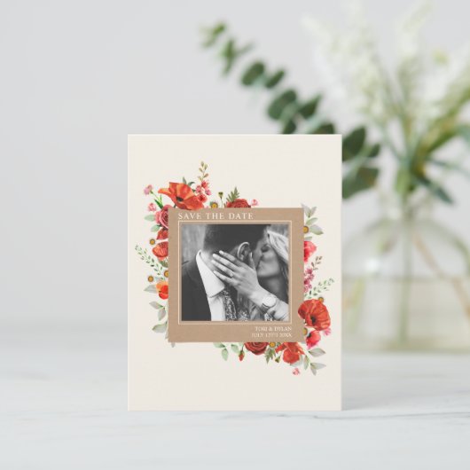 Poppy Wildflower Cardstock Weddenfoto Save The Date (Staand voorkant)