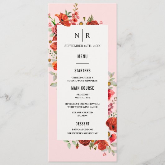 Poppy Wildflower Monogram Roze Bruiloft Menu (Voorkant)