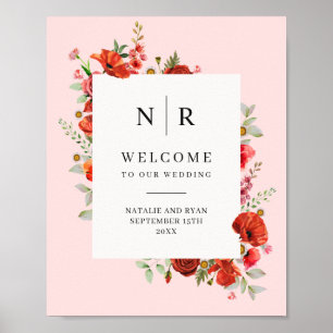 Poppy Wildflower Roze Monogram Bruiloft Poster
