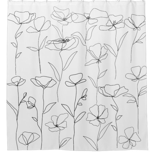 Poppy Wildflower Zwart-wit Minimal Floral Douchegordijn (Voorkant)