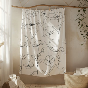 Poppy Wildflower Zwart-wit Minimal Floral Fleece Deken