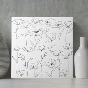 Poppy Wildflower Zwart-wit Minimal Floral Tegeltje