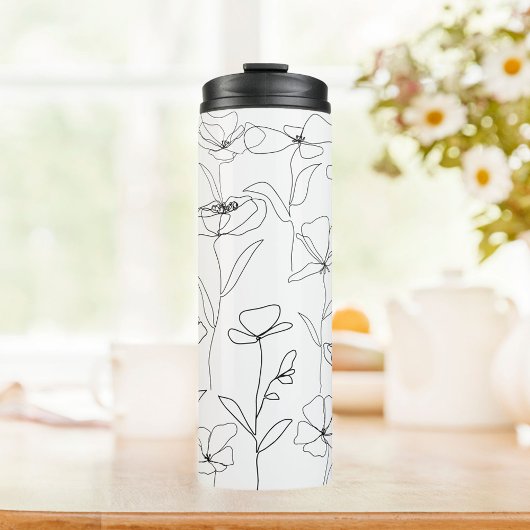 Poppy Wildflower Zwart-wit Minimal Floral Thermosbeker