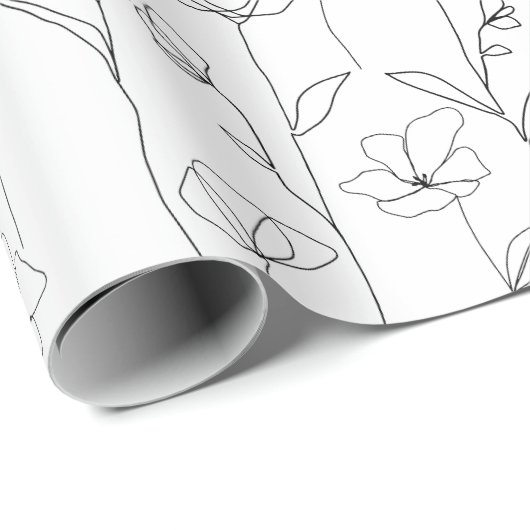 Poppy Wildflower Zwart-wit Minimalistisch Bloemen Cadeaupapier (Rol Hoek)