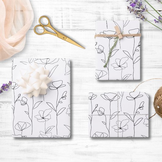 Poppy Wildflower Zwart-wit Minimalistisch Bloemen Inpakpapier Vel