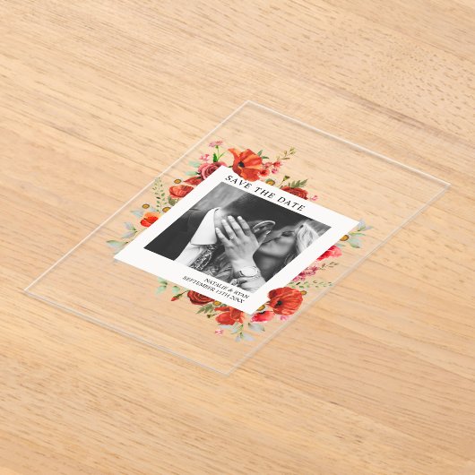 Poppy Wildflowers Verloving foto Sla de datum op Acryl Uitnodigingen (Laagn)