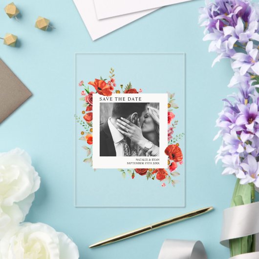 Poppy Wildflowers Verloving foto Sla de datum op Acryl Uitnodigingen (Insitu (Huwelijk))