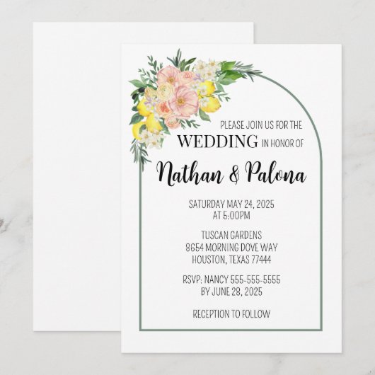 Poppy Yellow Lemon & Pink bruiloft uitnodiging (Voorkant / Achterkant)