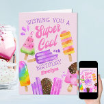 Popsiche Aangepast meisje Super Cool Birthday Kaart<br><div class="desc">Gepersonaliseerde Popsicle Birthday Kaart voor een speciaal meisje. Deze kleurrijke vormgeving is voorzien van waterverf popsicles en chocolade met pit ijs op stokken. De tekst luidt: "Ik wens je een supercoole #th verjaardag [name]" in whimsical-typografie en retro-handschrift. De sjabloon is ingesteld om u aan te passen met elke leeftijd, naam...</div>