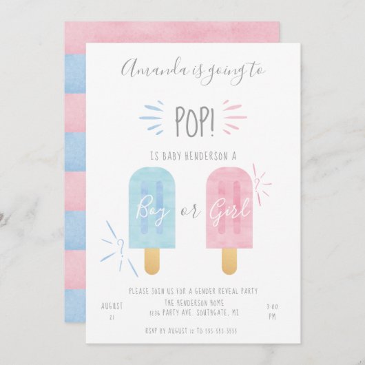 Popsiche Gender onthullen Uitnodiging, Jongen of M Kaart (Voorkant / Achterkant)