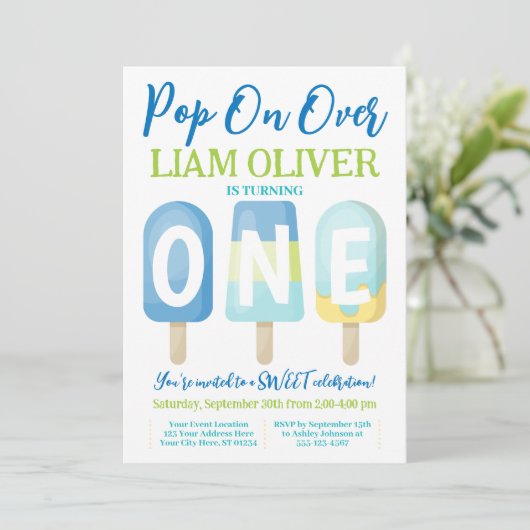 Popsicle 1e Verjaardagsuitnodiging, Pop over Kaart (Staand voorkant)