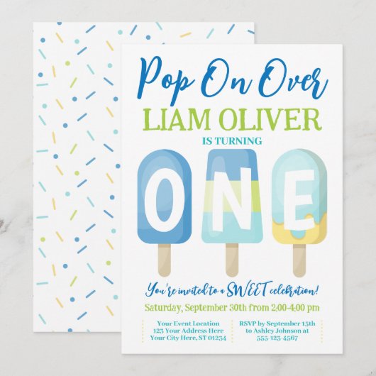 Popsicle 1e Verjaardagsuitnodiging, Pop over Kaart (Voorkant / Achterkant)