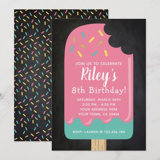 Popsicle Birthday Invitation Chalkboard Kaart (Voorkant / Achterkant)