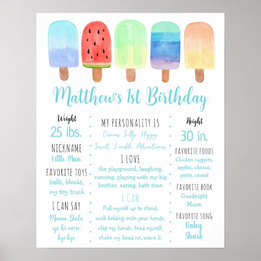 Popsicle Blauwe Jongen Eerste Verjaardag Milestone Poster (Voorkant)